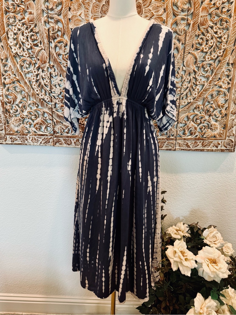 Raviya Navy & White Boho Tie-Dye Deep V Midi Dress/ Coverup, Lightweight - Picture 2 of 15